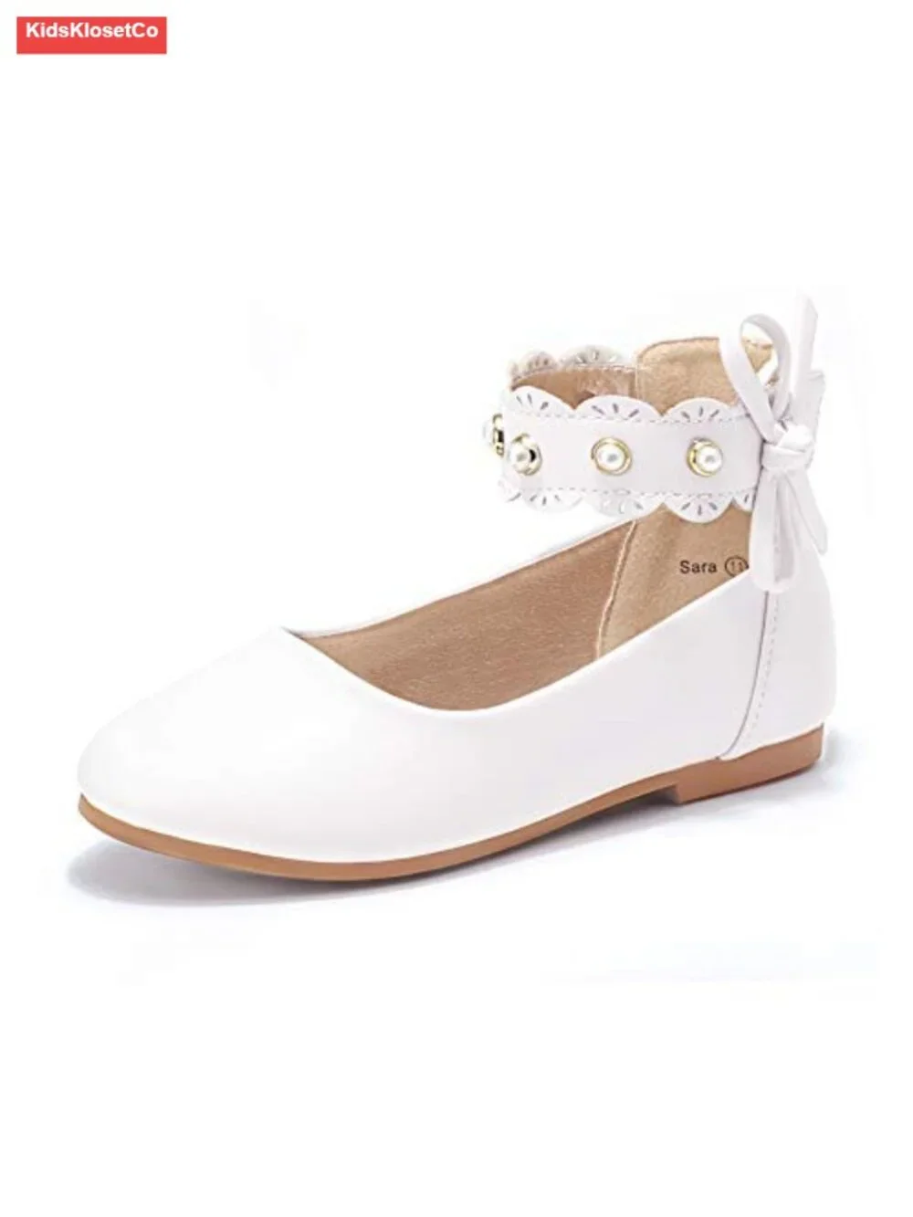 Mary Jane Ballet Flats Flower Girl Shoes with Pearl Bow Ankle Strap Dress Shoes